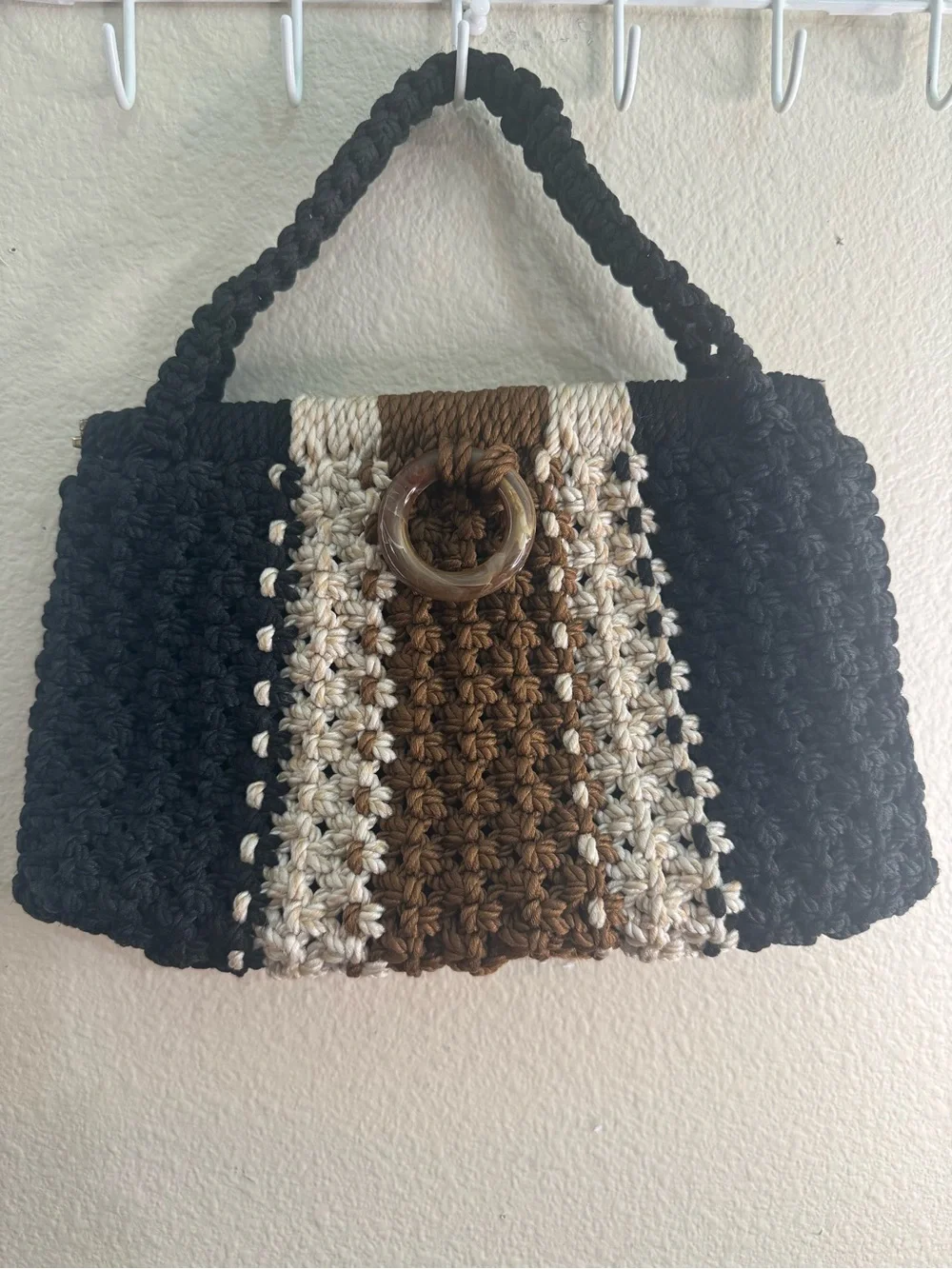 Handcrafted Crochet Shoulder Bag in Black, Brown & Cream